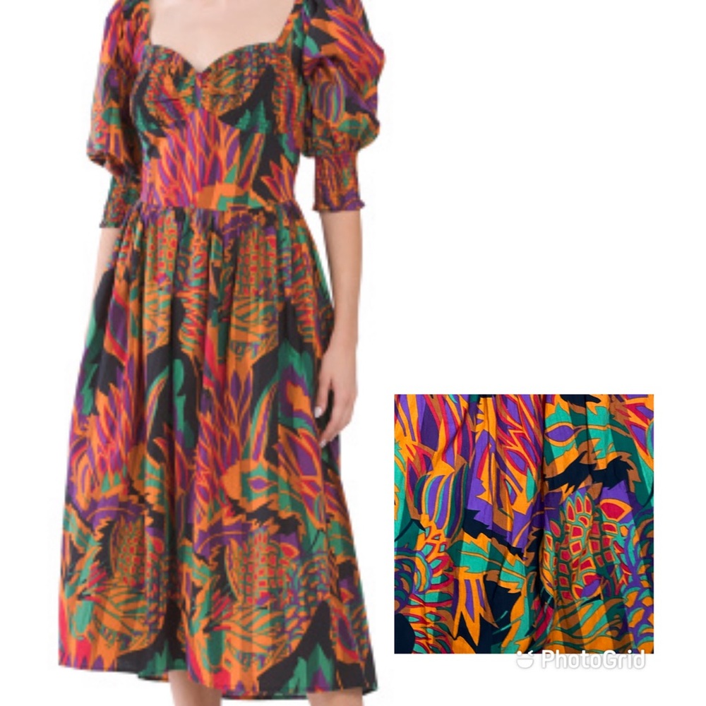 House of Harlow 1960 pink meadow pink print puff sleeved midi dress